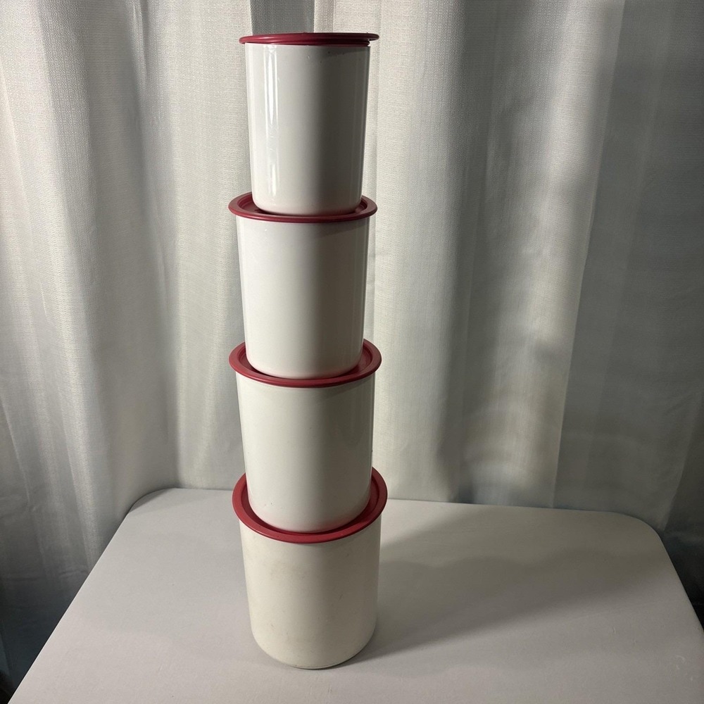 Vtg. Tupperware One Touch Reminder Nesting Canisters Set of Four w/ Red Lids